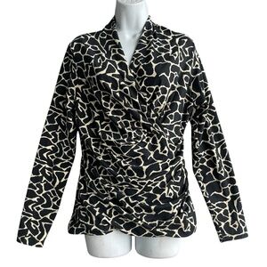 PERUVIAN CONNECTION Cyprus Top Size L Geometric Black V-Neck Ruched Blouse